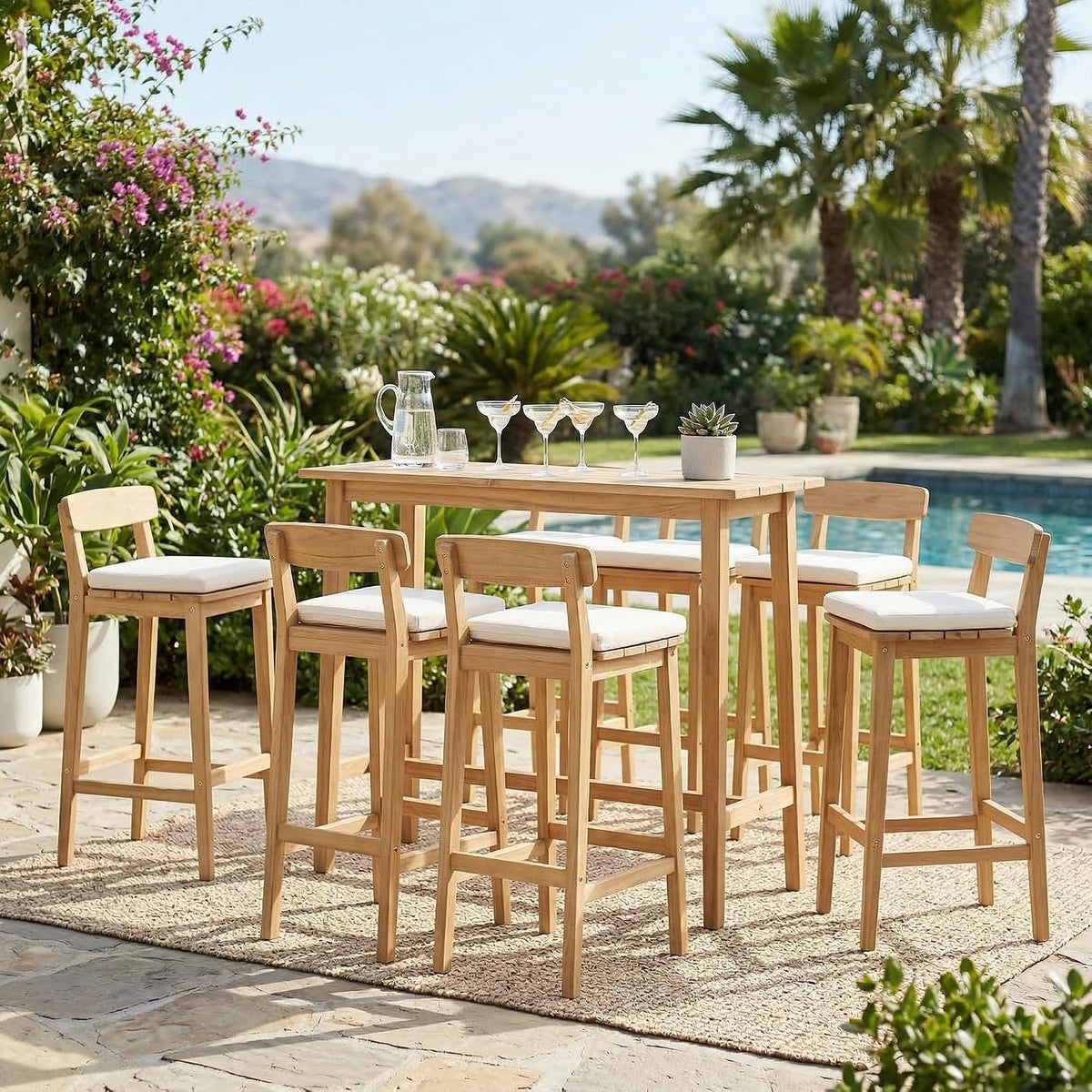 Patio Bar Stools Set of 6, Solid Acacia Wood Patio Barstools with Footrest, 28.5' Counter Height Outdoor Bar Stools, High Top Patio Bar Chairs for Balcony/Deck/Kitchen Island/Bistro, Beige