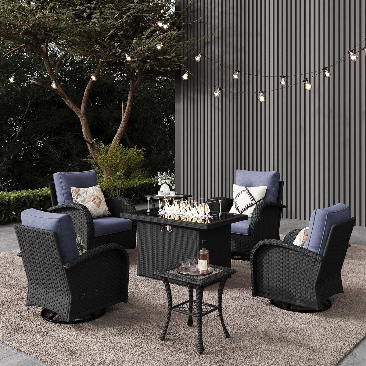 LayinSun 7 Pieces Outdoor Patio Furniture Set with Fire Pit Table, Rattan Wicker Sectional Swivel Rocker Chairs Sets