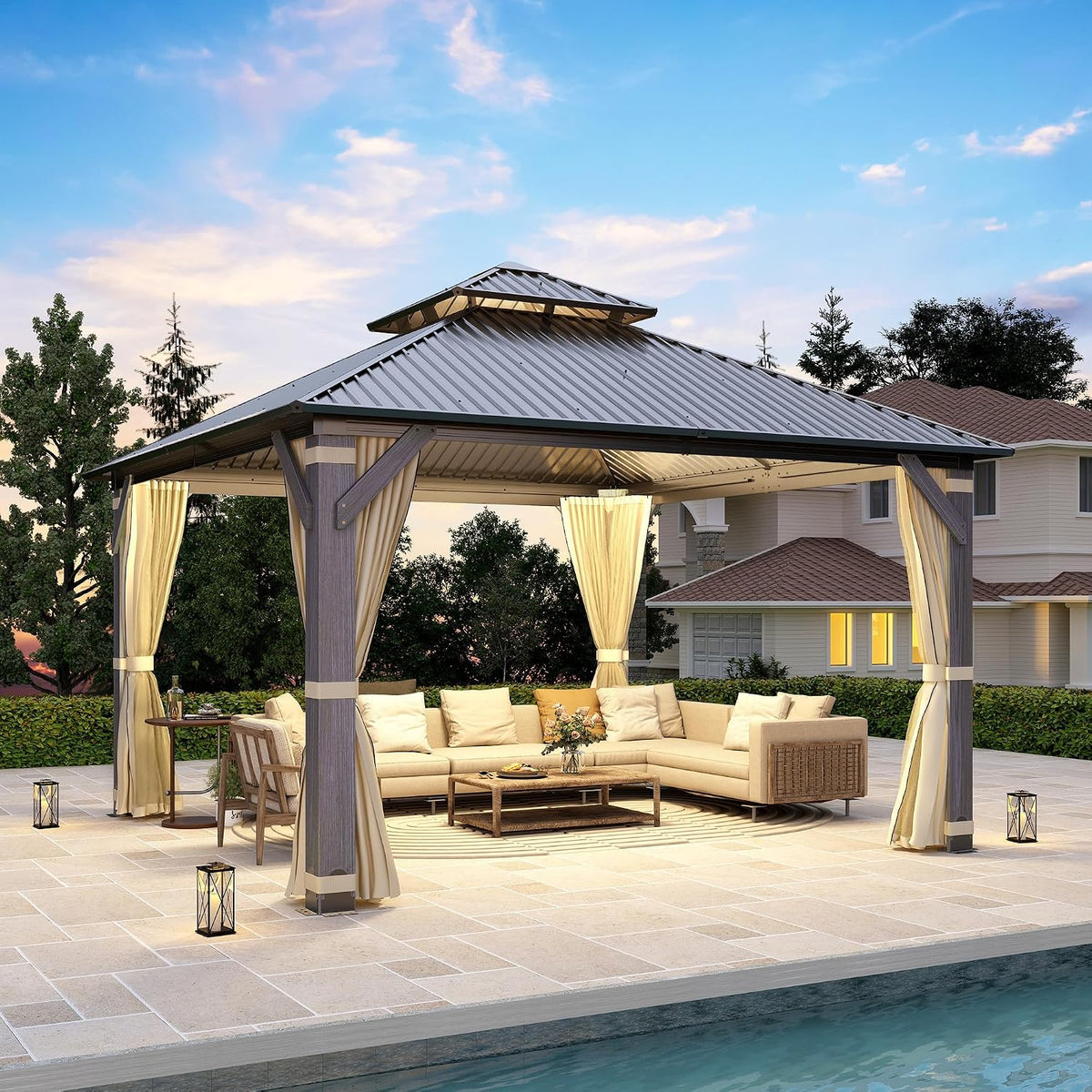 12' x12' Wood Gazebo, Outdoor Hardtop Gazebo with Wood Posts and Galvanized Steel Doule Roof, Wooden Frame Gazebos with Netting and Curtains for Patio Backyard Deck Garden