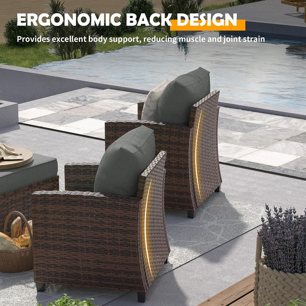 UDPATIO Outdoor Patio Furniture Set with 44' Fire Pit Table, 6 Pieces Sectional Conversation Sets, All-Weather Wicker Rattan Sofa Ottoman with 4' Thick Cushion for Garden Backyard Deck, Dark Grey