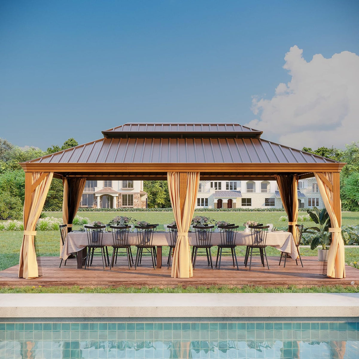 14x20 ft Hardtop Gazebo Outdoor Aluminum Patio Gazebo Double Roof Galvanized Steel Gazebo Canopy with Netting and Curtains,for Garden Patio,Patio Backyard,Deck and Lawns