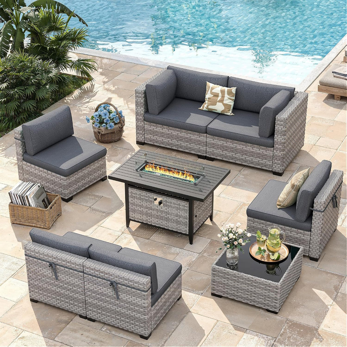 6-Seat Modern Outdoor Wicker Rattan Patio Furniture Set with 55,000 BTU Fire Pit Table, Thick 4″ Cushions, All-Weather Dual-Strand Rattan, Rust-Resistant Steel Frame,Black