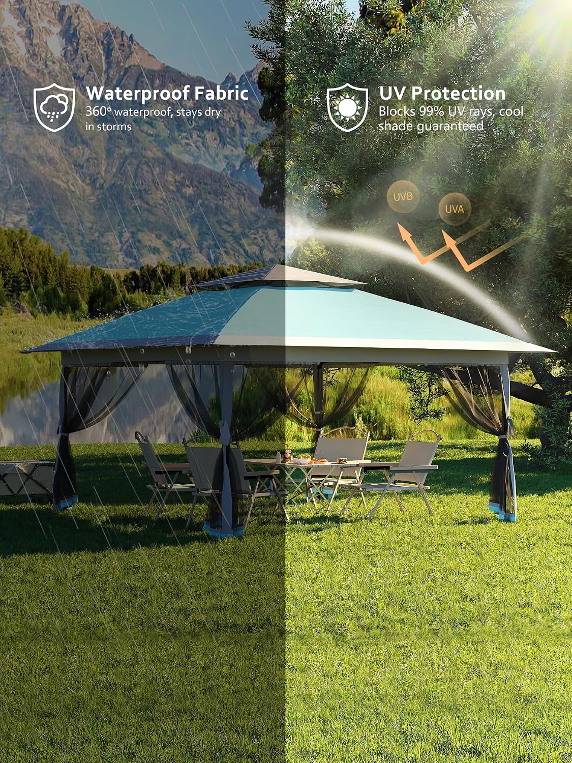 Garvee 13x13 Pop Up Gazebo,Canopy Tent with Mosquito Netting,Outdoor Patio Gazebo,Backyard Tent for Party,Wedding,Outdoor Dining(Light Blue+Light Grey)