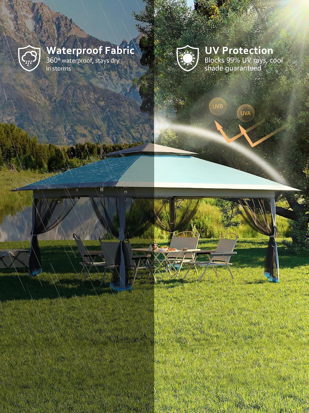 Garvee 13x13 ft Pop Up Gazebo, Canopy Tent with Mosquito Netting, Outdoor Gazebos for Backyard & Patio Furniture - Pop Up Canpy with Wheeled STO-N-Go Cover Bag (Light Blue+Light Grey)