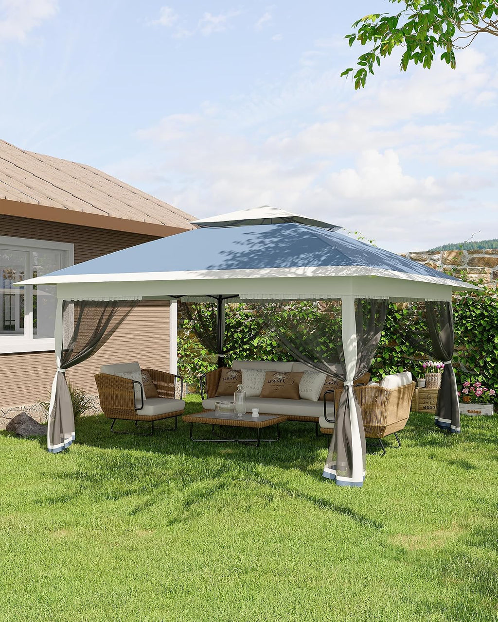Canopy Tent 13x13 ft, Pop Up Gazebo One-Push Setup with 4 SandBags for Backyard Parties and BBQs, Mosquito Netting & Height Adjustable - Navy Blue