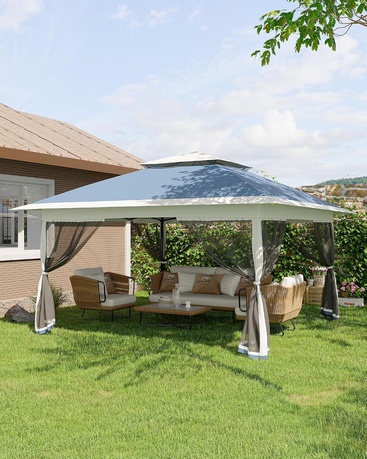 Canopy Tent 13x13 ft, Pop Up Gazebo One-Push Setup with 4 SandBags for Backyard Parties and BBQs, Mosquito Netting & Height Adjustable - Navy Blue