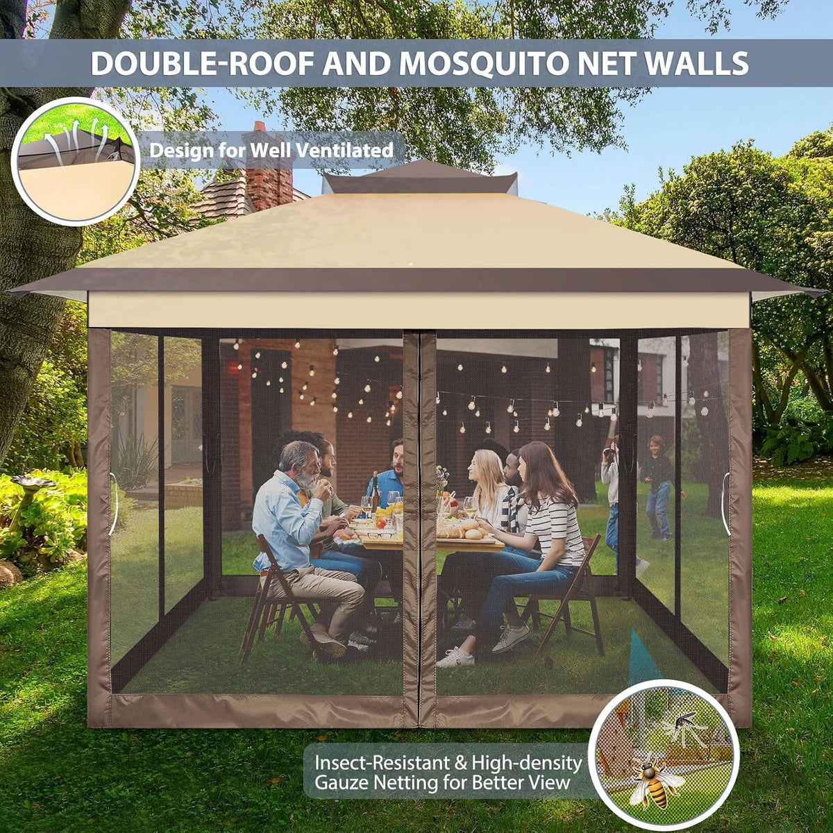 COBIZI Pop Up Gazebo 11x11 One-Push Canopy Tent, Carpas para Patio, Outdoor Canopy Shelter with Double Roof Ventiation 121 Square Feet of Shade for Lawn, Garden, Backyard and Deck,Brown(Upgraded 2.0)