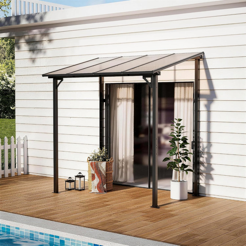 5' x 8' Lean to Gazeb,Hardtop Galvanized Steel Pergola with Sloped Polycarbonate Roof,Wall Mounted Gazebo Patio Canopy with Ground Anchor for Backyard Deck