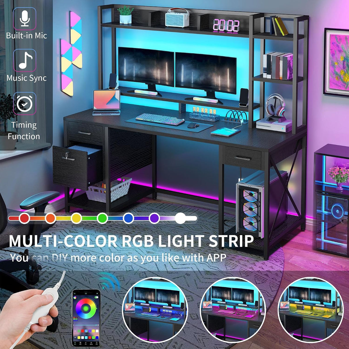 YITAHOME Computer Desk with Drawers & Hutch, 59.1' Office Desk with LED Lights & Power Outlets, Gaming Desk with Monitor Stand & Storage Shelves, Black