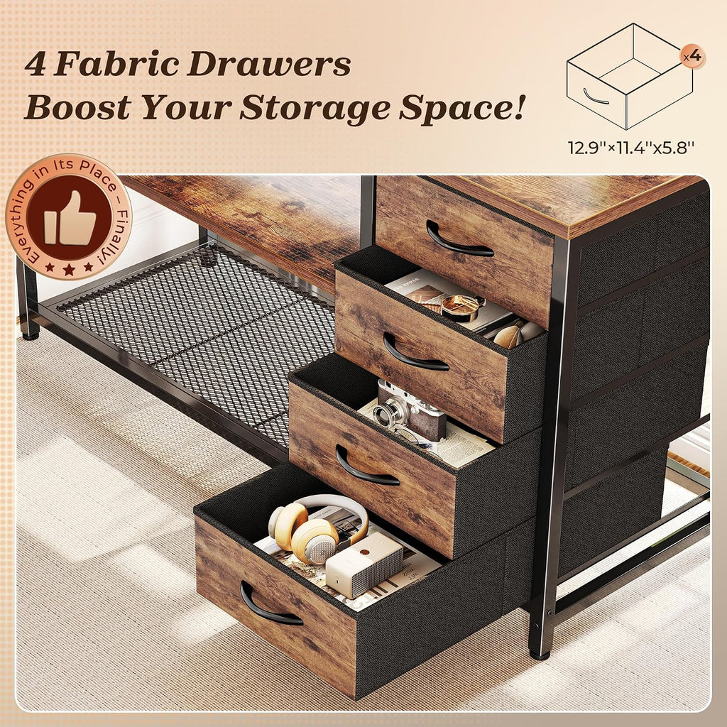 PRAISUN 61' L Shaped Desk with Power Outlets and USB-C Port, Reversible Computer Corner Office Desk with 4 Fabric Drawers and 2 Height-Adjustable Shelves, Large for Gaming Writing Study, Rustic Brown