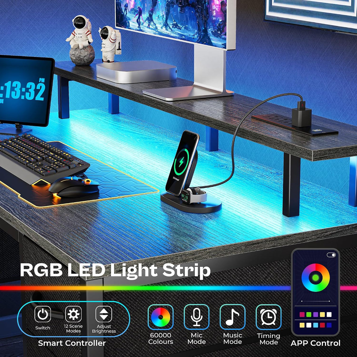 Huuger 55 inch Computer Desk with 4 Drawers, Gaming Desk with LED Lights & Power Outlets, Home Office Desk with Large Storage Space for Bedroom, Work from Home, Gray