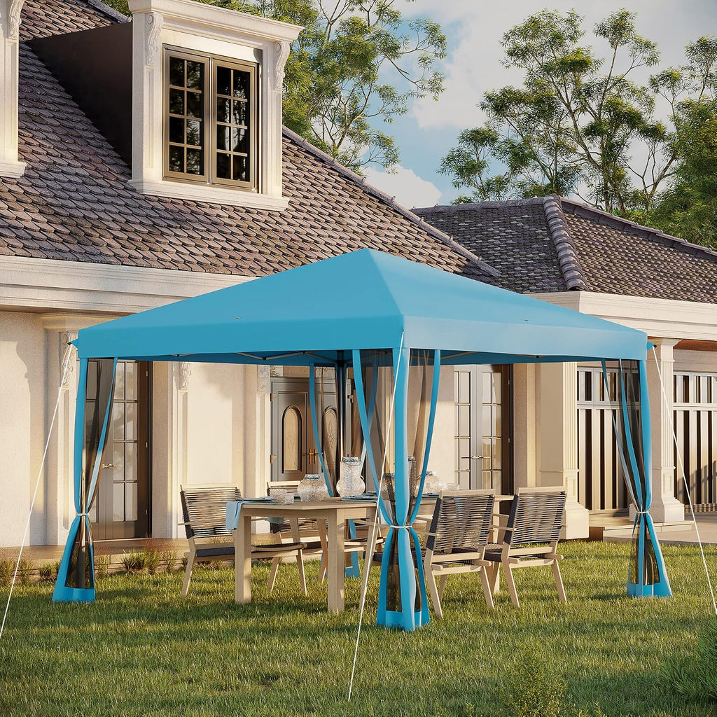 Outsunny 10' x 10' Pop Up Canopy Tent with Netting, Instant Gazebo, Screen House Room with Carry Bag, Height Adjustable, for Outdoor, Garden, Patio, Camping, Light Blue
