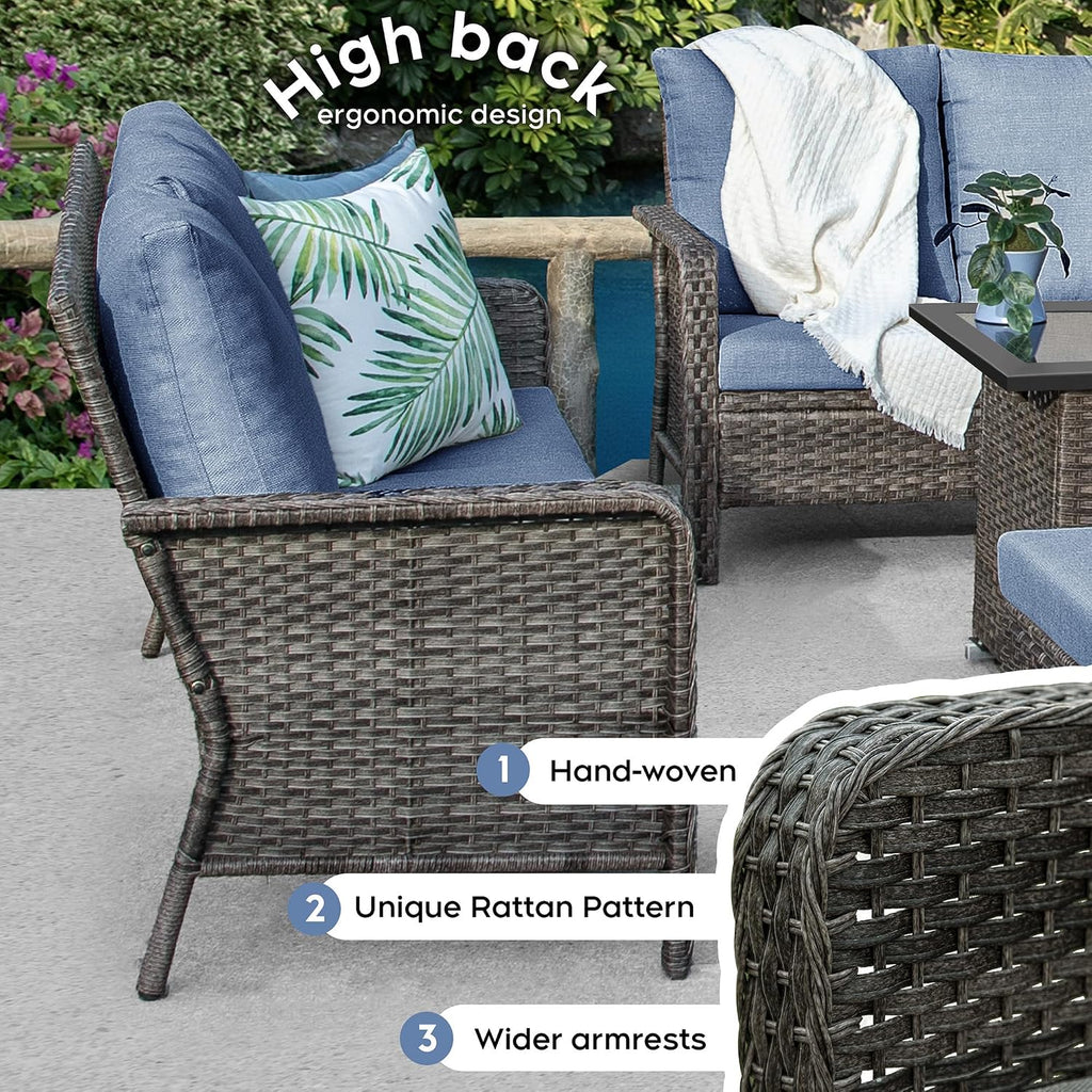 7 Seats Outdoor Patio Furniture Set with 44' Gas Fire Pit Table, Wicker Swivel Rocking Chairs Conversation Sets with Cushion, High Back Sectional Sofa with Gilder Chair for Yard Garden Porch, Blue