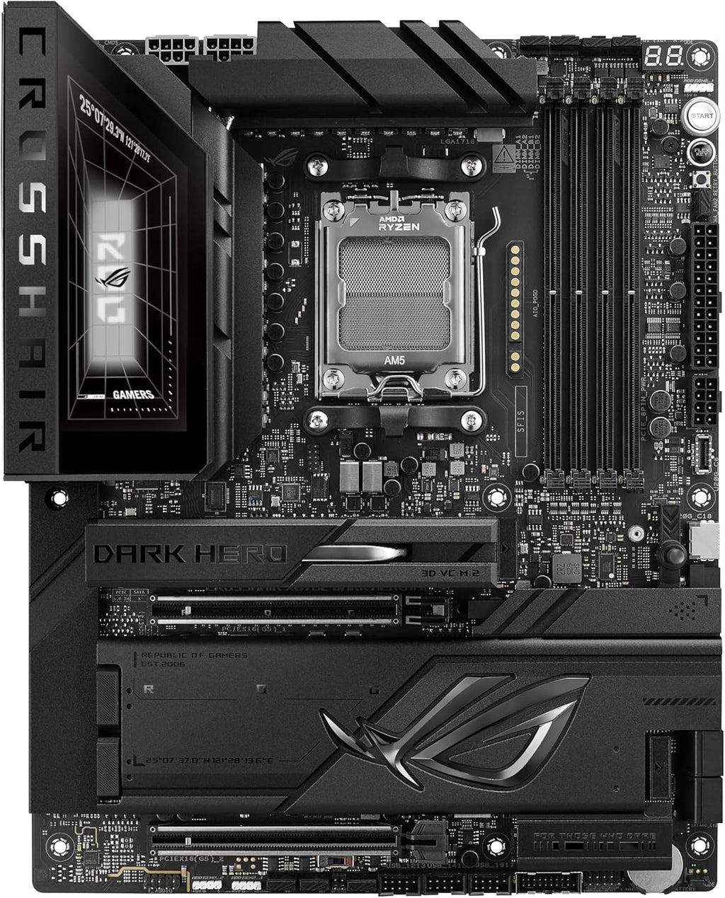 ASUS ROG Crosshair X870E Dark Hero ATX Motherboard, 20+2+2 Power Stages, DDR5 Slots, PCIe® 5.0, Five M.2 Slots, 3D VC M.2 heatsink, USB4®, AI Cache Boost, PCIe Slot Q-Release, AIO Q-Connector