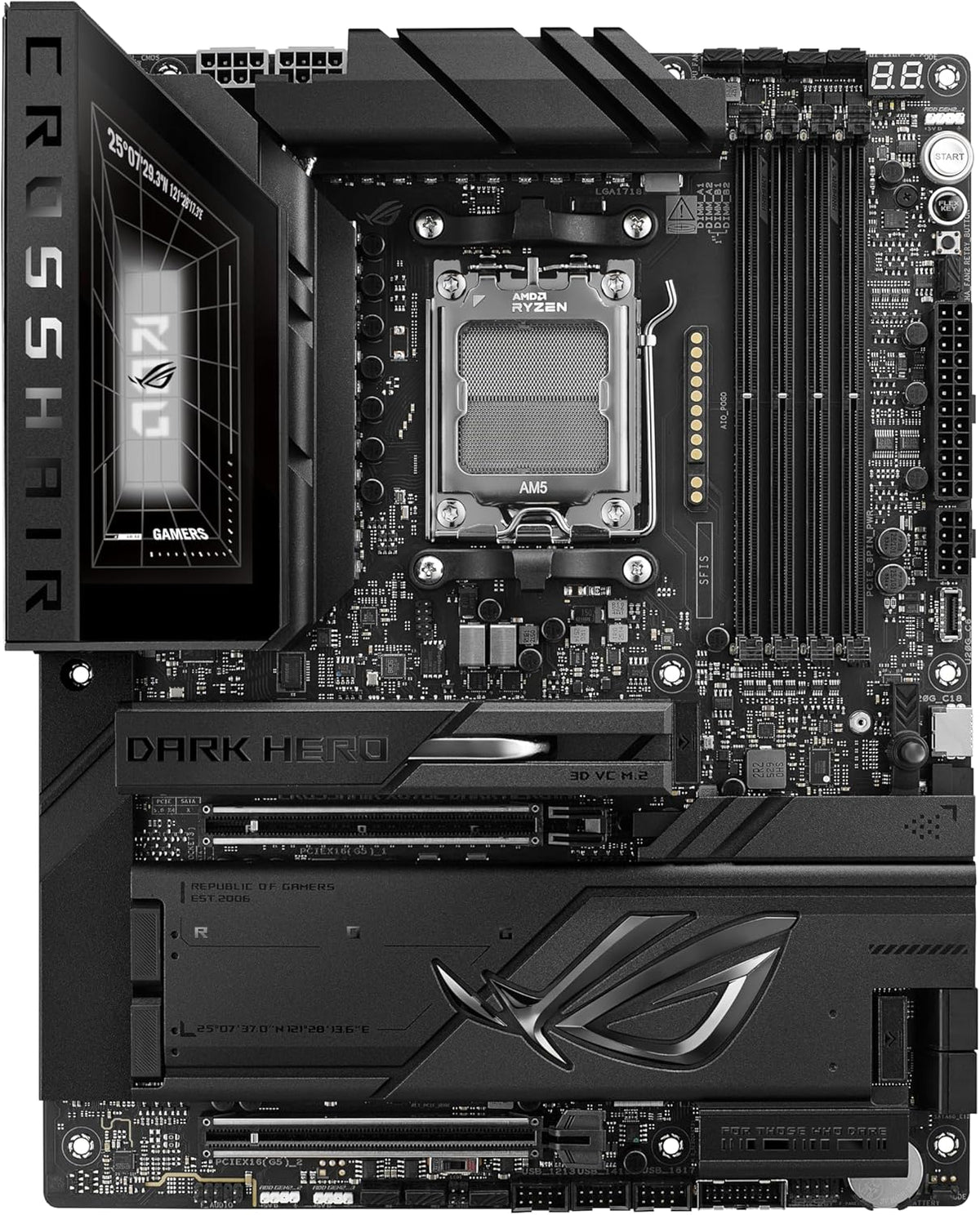 ASUS ROG Crosshair X870E Dark Hero ATX Motherboard, 20+2+2 Power Stages, DDR5 Slots, PCIe® 5.0, Five M.2 Slots, 3D VC M.2 heatsink, USB4®, AI Cache Boost, PCIe Slot Q-Release, AIO Q-Connector