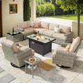 HOOOWOOO Outdoor Sectional Patio Furniture Set with Fire Pit Table,10 Pieces Wicker Conversation Sets L Shaped Couch,Extra Deep Out Door Sofa Outside Furniture with Swivel Rocking Chairs,Beige