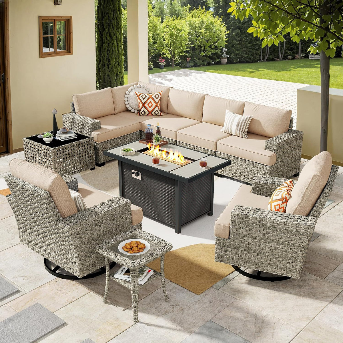 HOOOWOOO Outdoor Sectional Patio Furniture Set with Fire Pit Table,10 Pieces Wicker Conversation Sets L Shaped Couch,Extra Deep Out Door Sofa Outside Furniture with Swivel Rocking Chairs,Beige