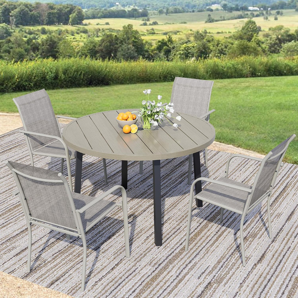 5-Piece Patio Furniture Set, Patio Table and Chairs Set of 4, Ivory Round Patio Table and Grey Chairs, Patio Furniture Set for Garden, Yard, Patio