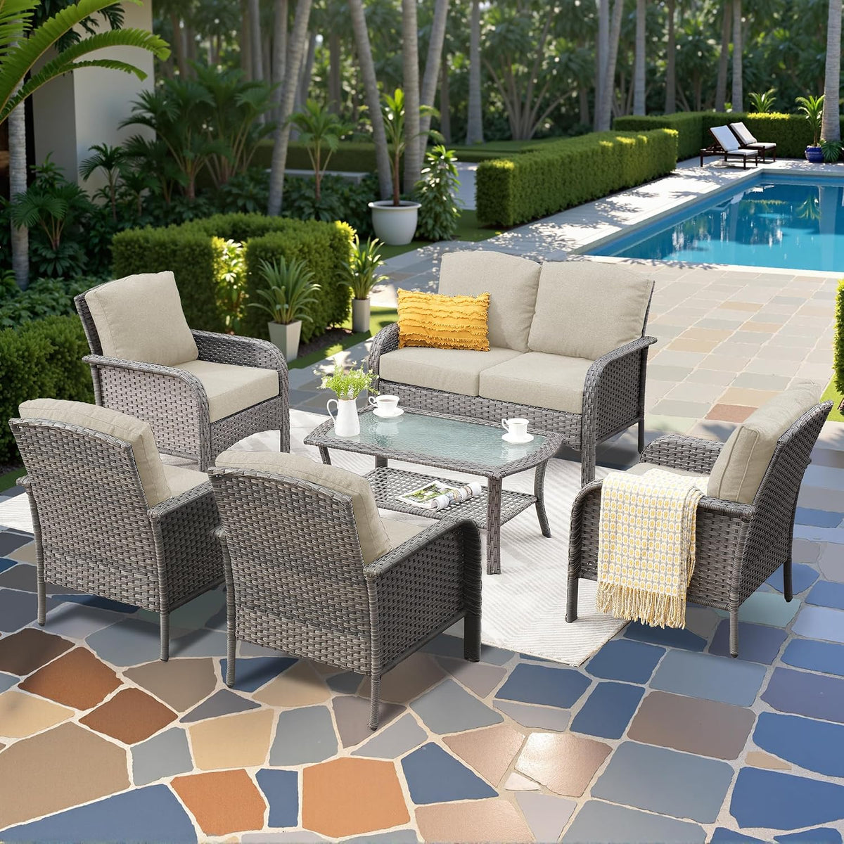 CAODOC 6-Piece Wicker Patio Furniture Set, All-Weather Rattan Conversation Bistro Loveseat Chair and Table Set for Backyard, Balcony and Deck with Soft Cushions and Metal Table(Beige)