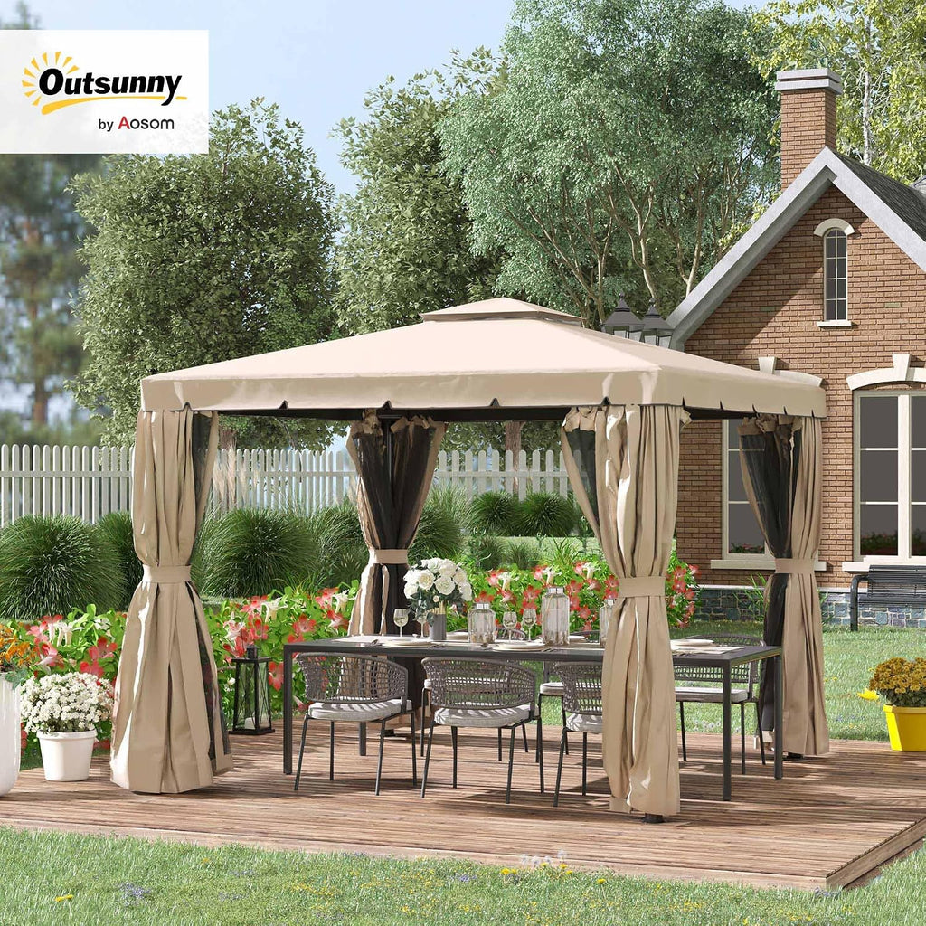 Outsunny 10' x 10' Patio Gazebo, Aluminum Frame Double Roof Outdoor Gazebo Canopy Shelter with Netting & Curtains, for Garden, Lawn, Backyard and Deck, Khaki