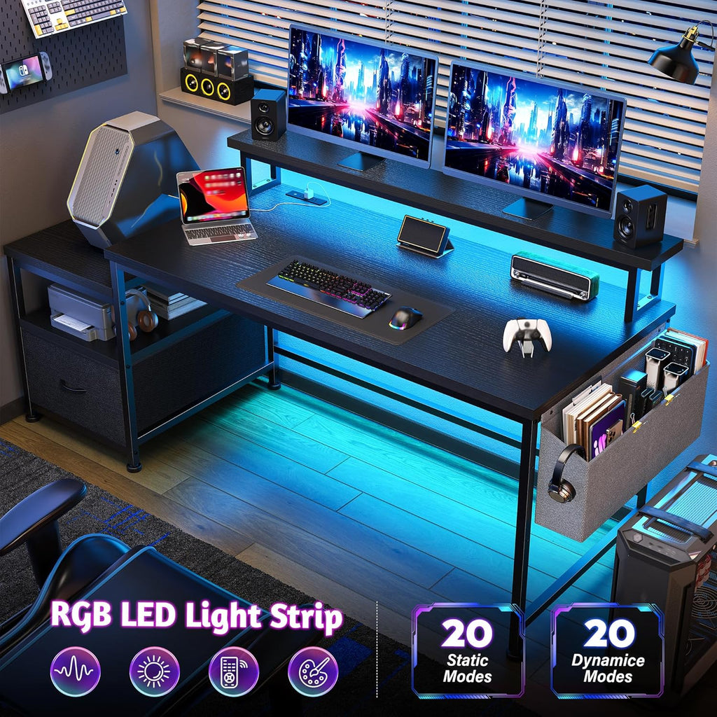 DurayLoly Gaming Desk with Monitor Stand,Computer Desk with LED Lights &Power Outlets,Office Desk with Drawers & Printer Shelf,Writing Table with Side Storage Bag,57' W x 20' D x 36' H,Black Desk