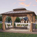YOLENY 10' x 12' Hardtop Gazebo, Metal Gazebo with Aluminum Frame, Double Galvanized Steel Roof, Curtains and Netting Included, Pergolas for Patios, Garden, Parties, Lawns