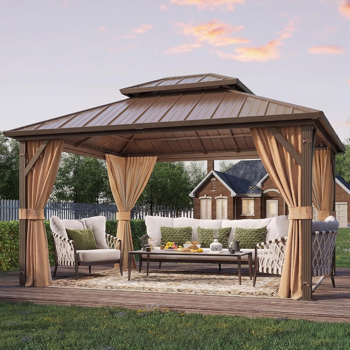 YOLENY 10' x 12' Hardtop Gazebo, Metal Gazebo with Aluminum Frame, Double Galvanized Steel Roof, Curtains and Netting Included, Pergolas for Patios, Garden, Parties, Lawns