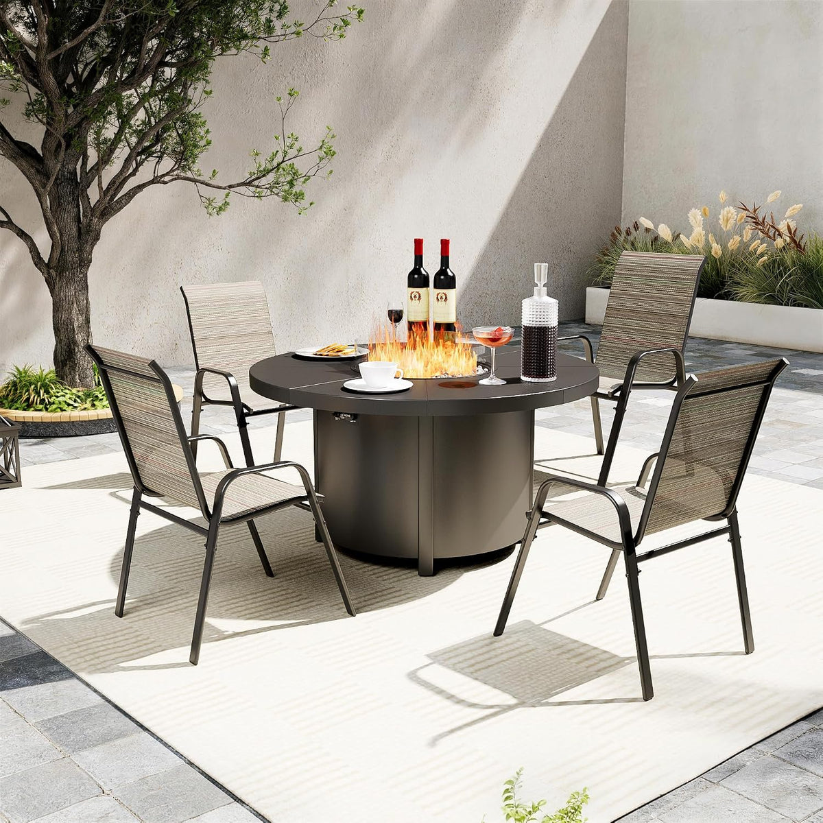 5 Pieces Patio Furniture Set with 48' CSA Approved/55000 BTU Outdoor Round Gas Fire Pit Table,Outdoor Conversation Set with 4 Stackable Patio Dining Chairs for Outdoor,Patio,Backyard