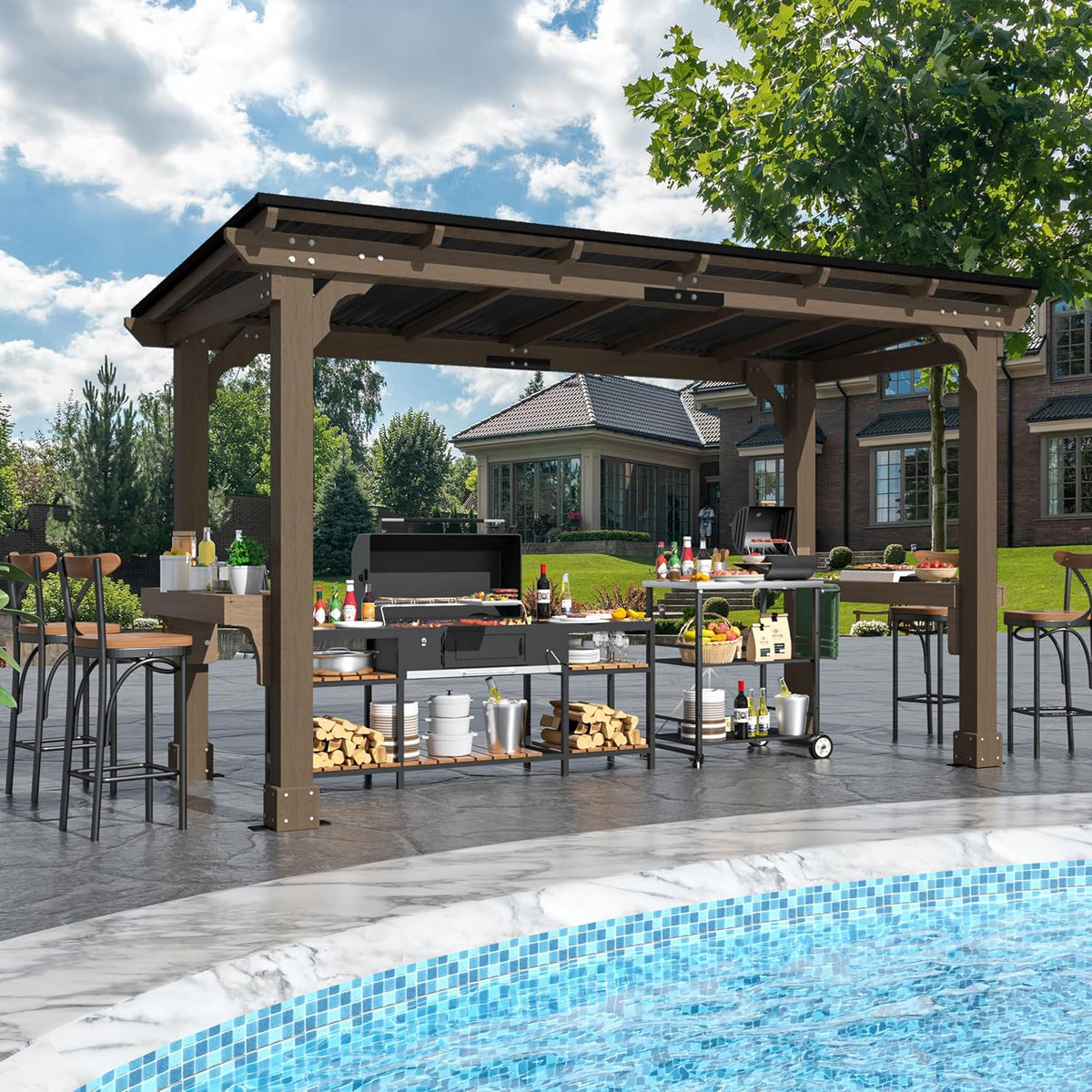 Yardenaler 6 x 13 FT Wooden Grill Gazebo with Sloping Metal Roof, BBQ Canopy with Stakes for Outdoor Patio, Garden, Lawn, Light Mocha Brown