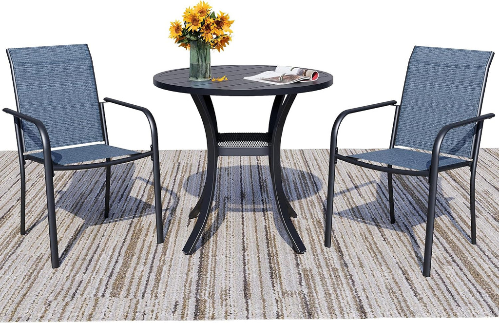 3 Piece Outdoor Dining Set, Patio Table and Chairs Set of 2, 27.6' Black Round Patio Table with 2 Blue Stackable Patio Chairs for Lawn, Garden, Porch