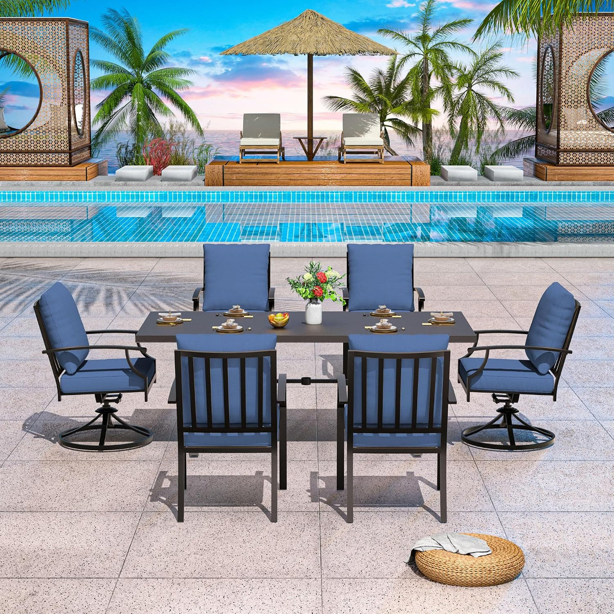 7-Piece Patio Dining Set Outdoor Conversation Set,Metal Outdoor Furniture Set with Umbrella Hole Cut-Out 78.7' x 35.4' Table and 6 Metal Chairs for Backyard,Garden,NavyBlue