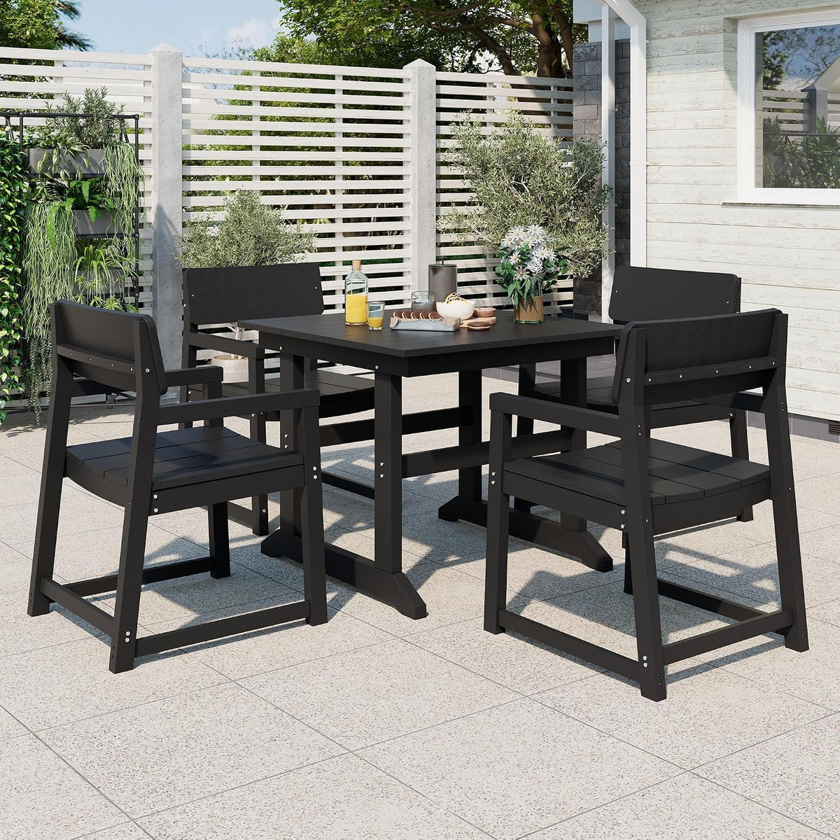 Vongrasig 5 Pieces Patio Dining Set, All Weather Outdoor HDPE Dining Furniture Set with Table and Chairs for 4, Garden Patio Furniture Set for Lawn, Backyard, Poolside, Black