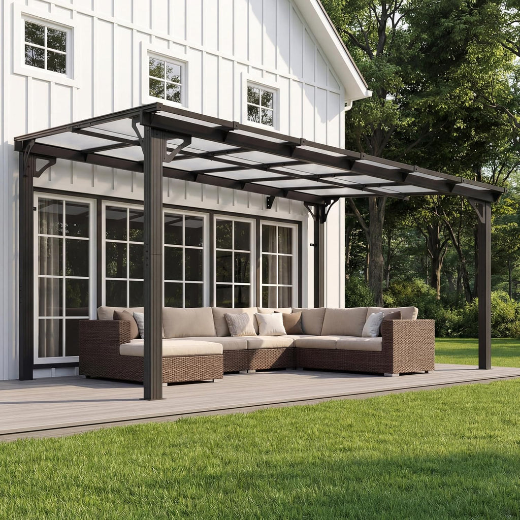 AirWire 10x12 FT Gazebo,Wall Mounted Gazebo Awnings with Polycarbonate Roof on Clearance, Patio Covers for Shade and Rain, Lean to Gazebo Hardtop Pergolas for Patios, Decks, Backyard