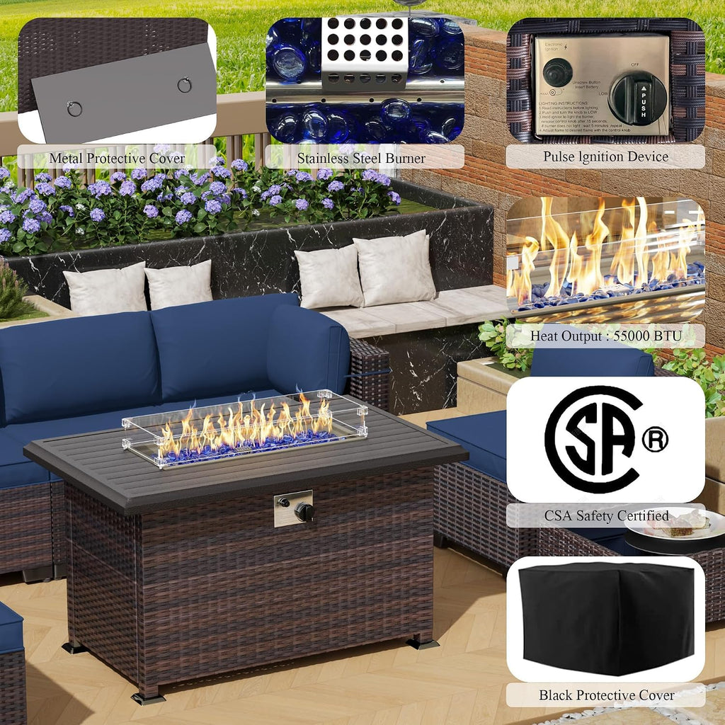 8 Pieces Outdoor Patio Furniture Set,Outdoor Sectional Furniture with 43' 55000 BTU Gas Propane Fire Pit Table,All Weather PE Rattan Wicker Patio Conversation Set,Navy Blue