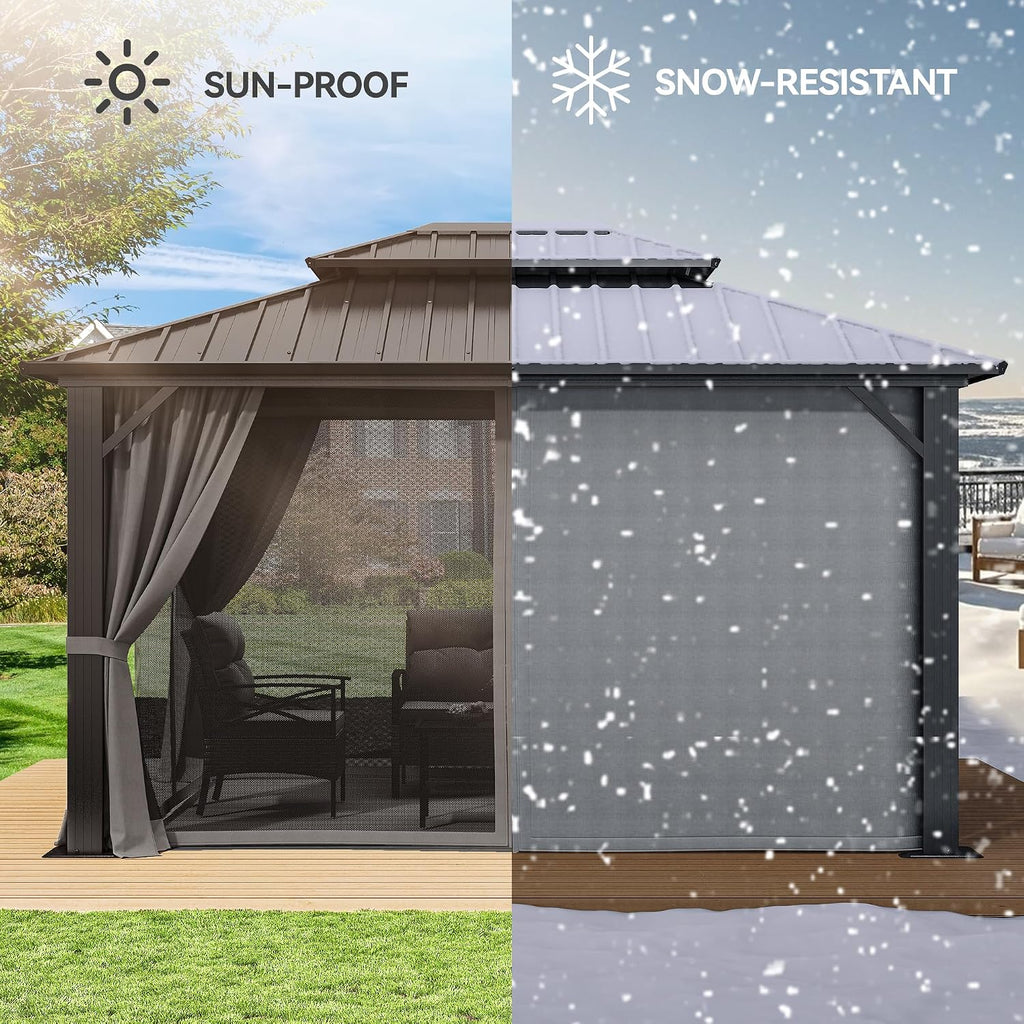 YITAHOME 10X12FT Hard Top Metal Gazebo Patios Double Roof Canopy Aluminum Frame Garden Gazebo Tent Curtains Netting for Patios Backyards Decks Lawns Gray