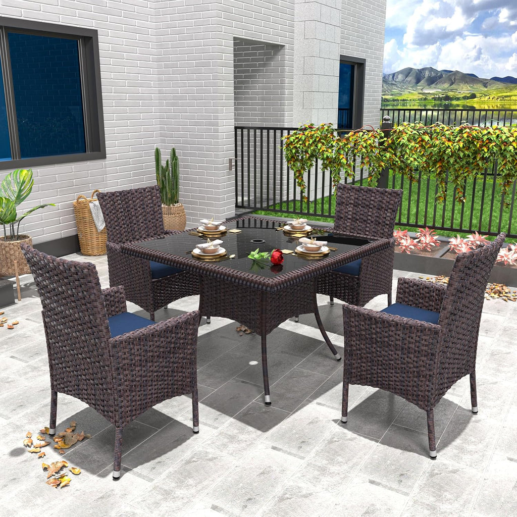 5 Piece Outdoor Dining Set,Rattan Patio Conversation Set of 4 Chairs,Patio Dining Table and Chairs w/Cushions,Square Glass Tabletop,Umbrella Cutout for Patio,NavyBlue