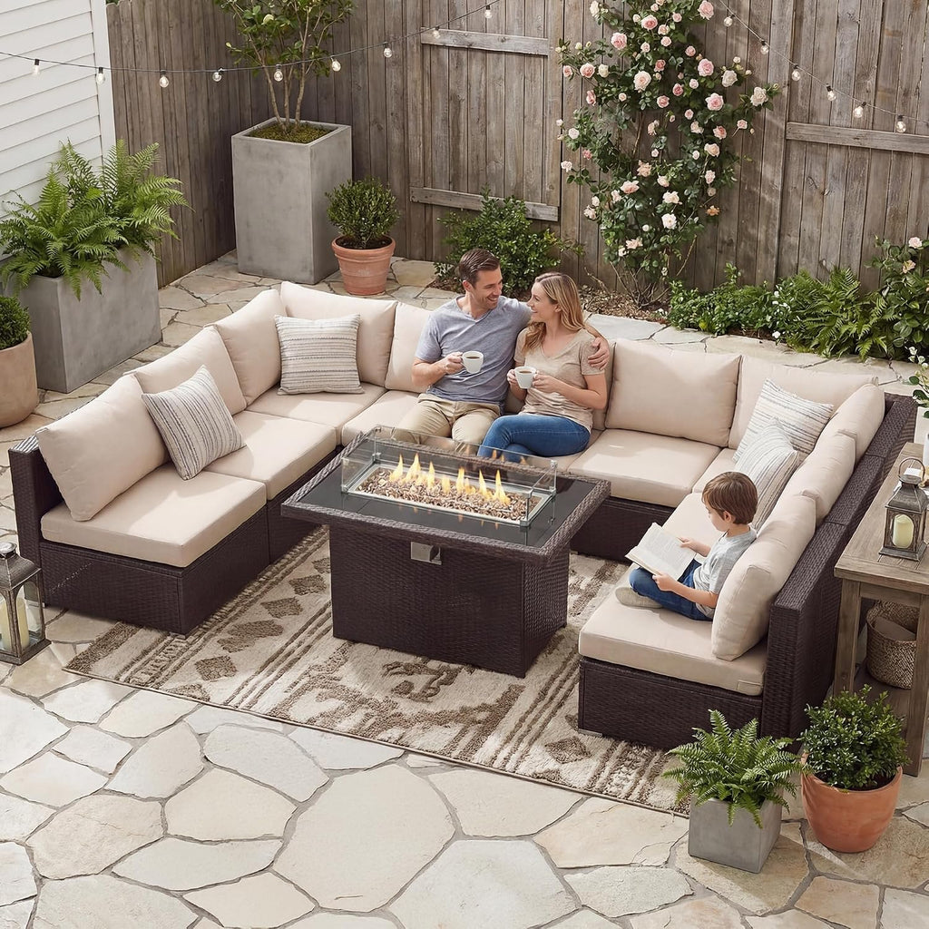 BULEXYARD 9 Piece High Back Outdoor Sectional Couch Set with Fire Pit, Elegant All-Weather Patio Furniture Set, Extra Large Size 8-Person Backyard Seating Group L-Shape for Yard, Deck, Brown & Beige