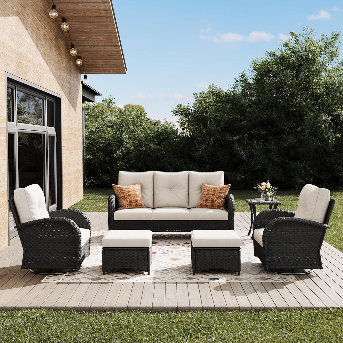 Outdoor Patio Furniture Sets 6 Pieces Wicker Swivel Rocker Chairs and Sofa Sets with Coffee Table for Backyard Deck