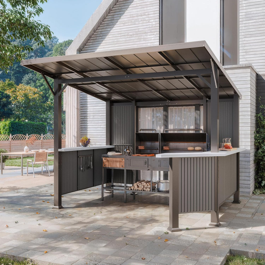 Kurapika 10' x 10'Hardtop BBQ Outdoor Gazebo,Waterproof Sloping Roof and Sturdy Steel Frame, Extended Bar Tops, Smoke-Venting Iron Canopy for Patio, Yard, Garden, for Familie Party