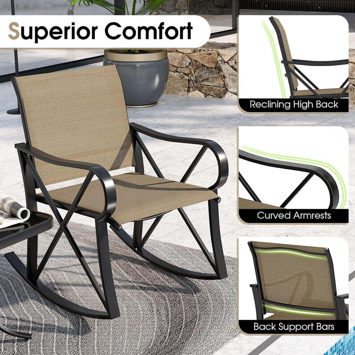 HAPPYGRILL 3-Piece Patio Rocking Bistro Set Rocker Chairs Set with Side Table, Outdoor Conversation Furniture Set with Metal Frame for Porch, Garden, Backyard, Balcony (Brown)