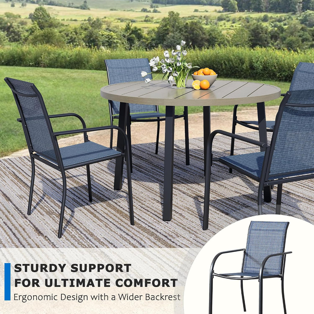 5-Piece Patio Furniture Set, Patio Table and Chairs Set of 4, Ivory Round Patio Table and Light Blue Chairs, Patio Furniture Set for Garden, Yard, Patio