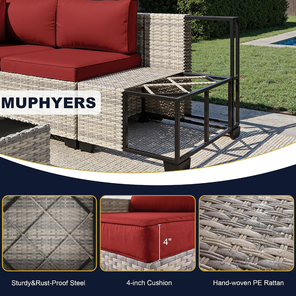 8-Piece Outdoor Patio Furniture Set with 55,000 BTU Fire Pit Table, PE Wicker Rattan Sectional Sofa Conversation Set - All-Weather Garden, Backyard Furniture, Red