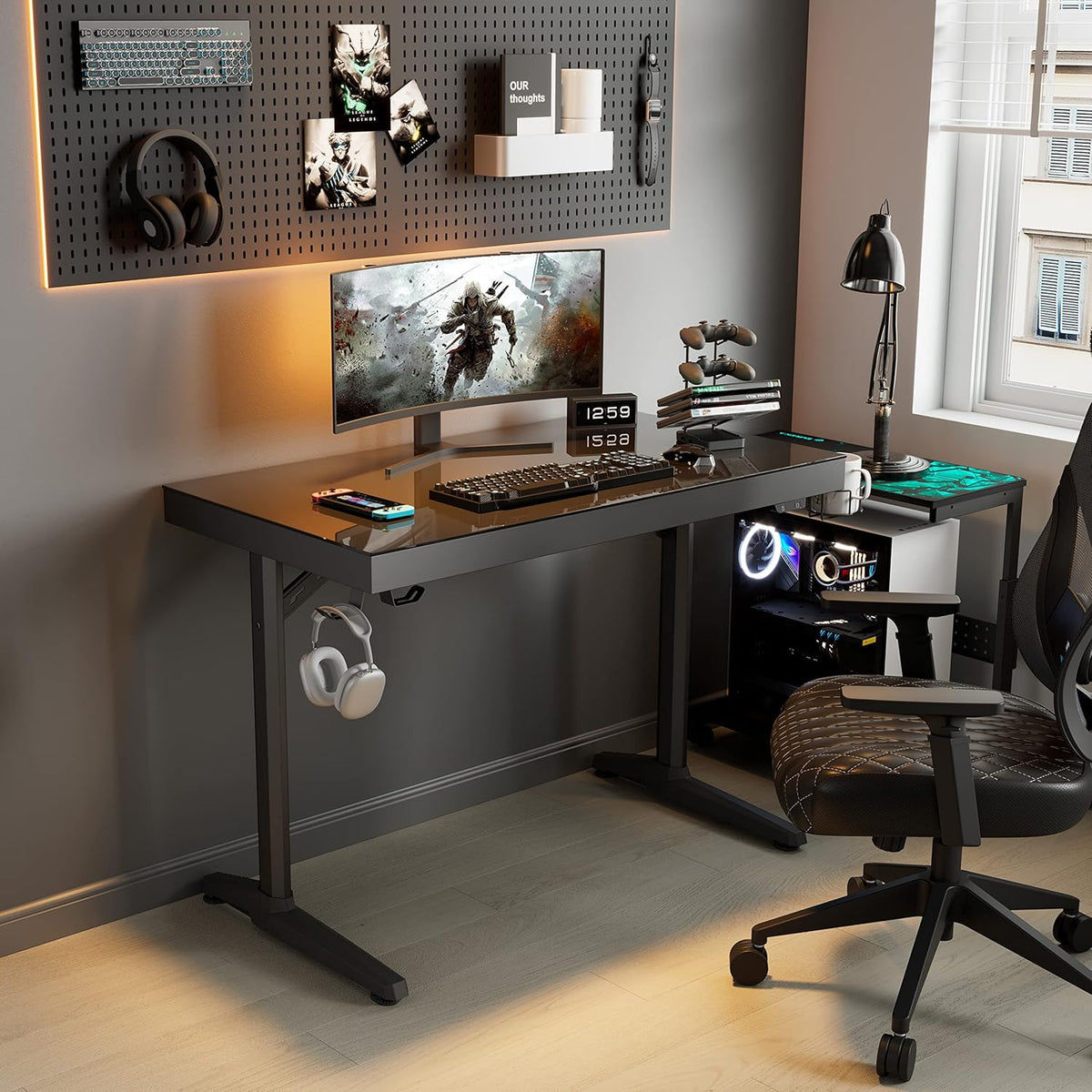 EUREKA ERGONOMIC RGB LED Gaming Desk, Music Sync Lights Up Tempered Glass Desktop, 43' GTG I43 Home Office Computer Table W Controller Rack 4 USB Charging Ports, APP Control