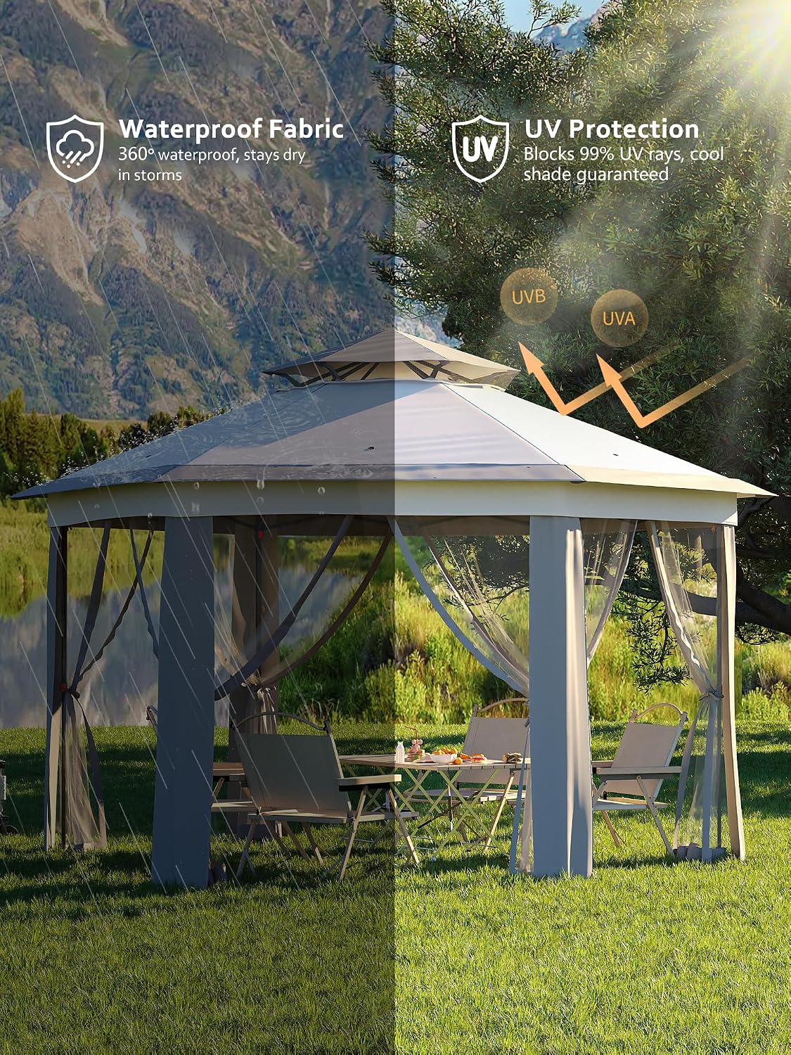 Garvee Pop Up Gazebo Screen Tent,Hexagonal Instant Gazebo Tent with Mosquito Netting Outdoor Canopy,6 Sided Sun Shelter 13x13ft with Mesh Netting,Pavilion Tents for Patio,Light Gray+Dark Gray