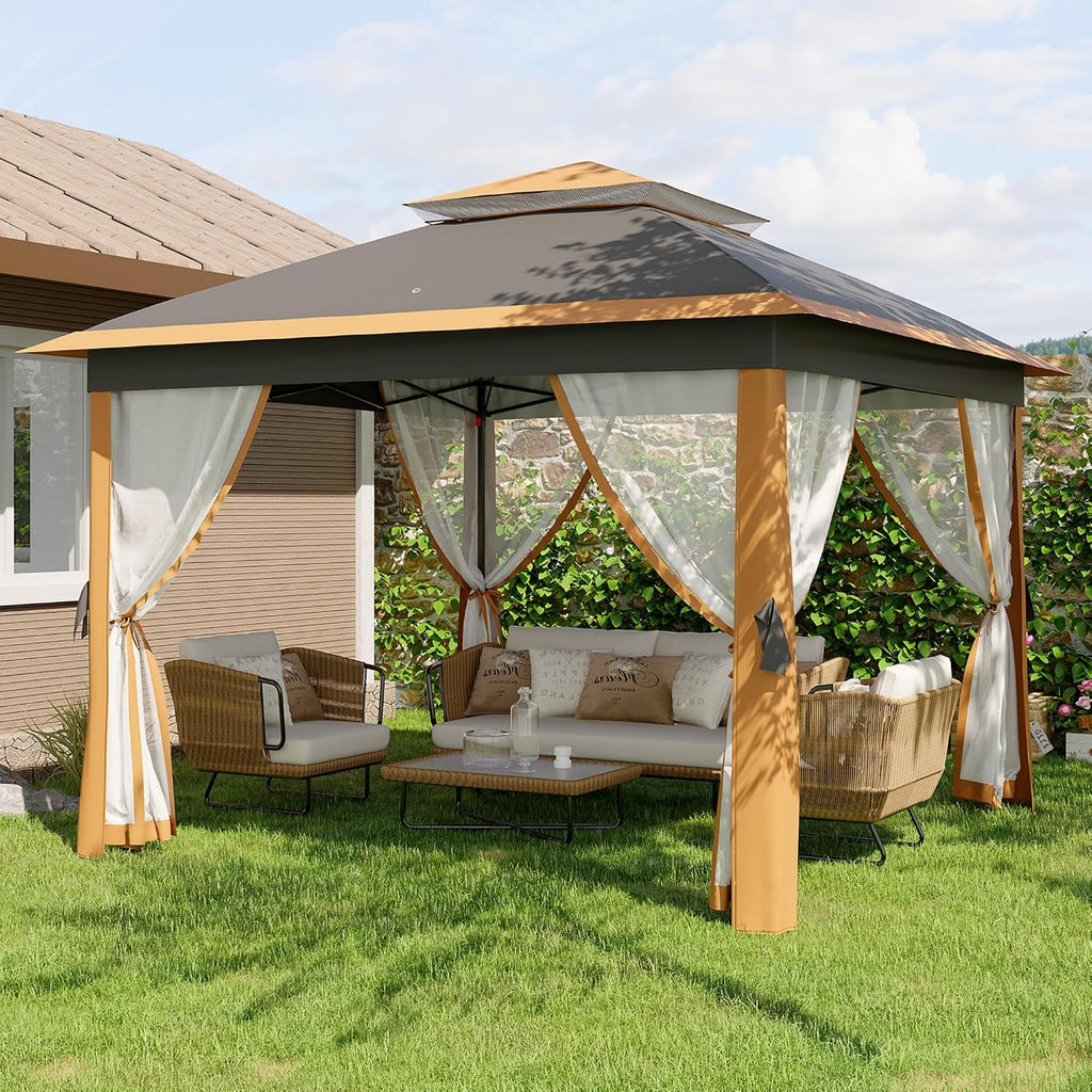 GarveeLife 11'x11 Pop-Up Gazebo, Instant Outdoor Canopy Tent with Mosquito Nettings, Durable Steel Frame, Water, and UV Proof, for Patio, Garden, Courtyard, Party (Khaki)