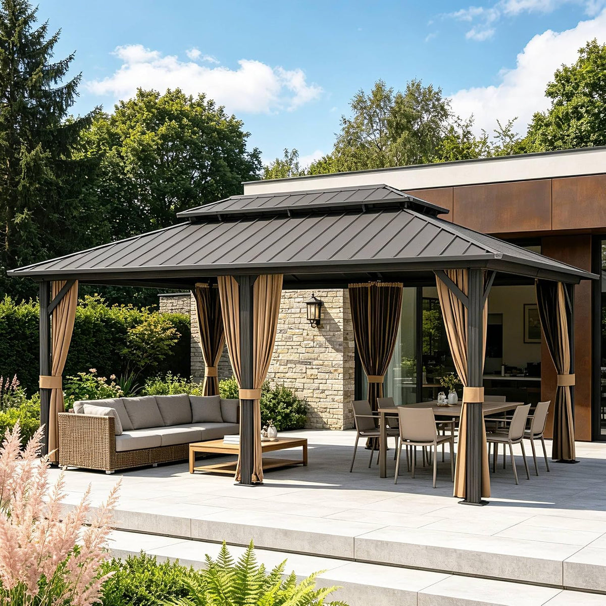 12x18 ft Hardtop Gazebo Outdoor Aluminum Patio Gazebo Double Roof Galvanized Steel Canopy with Netting and Curtains for Garden, Backyard, Deck and Lawns.