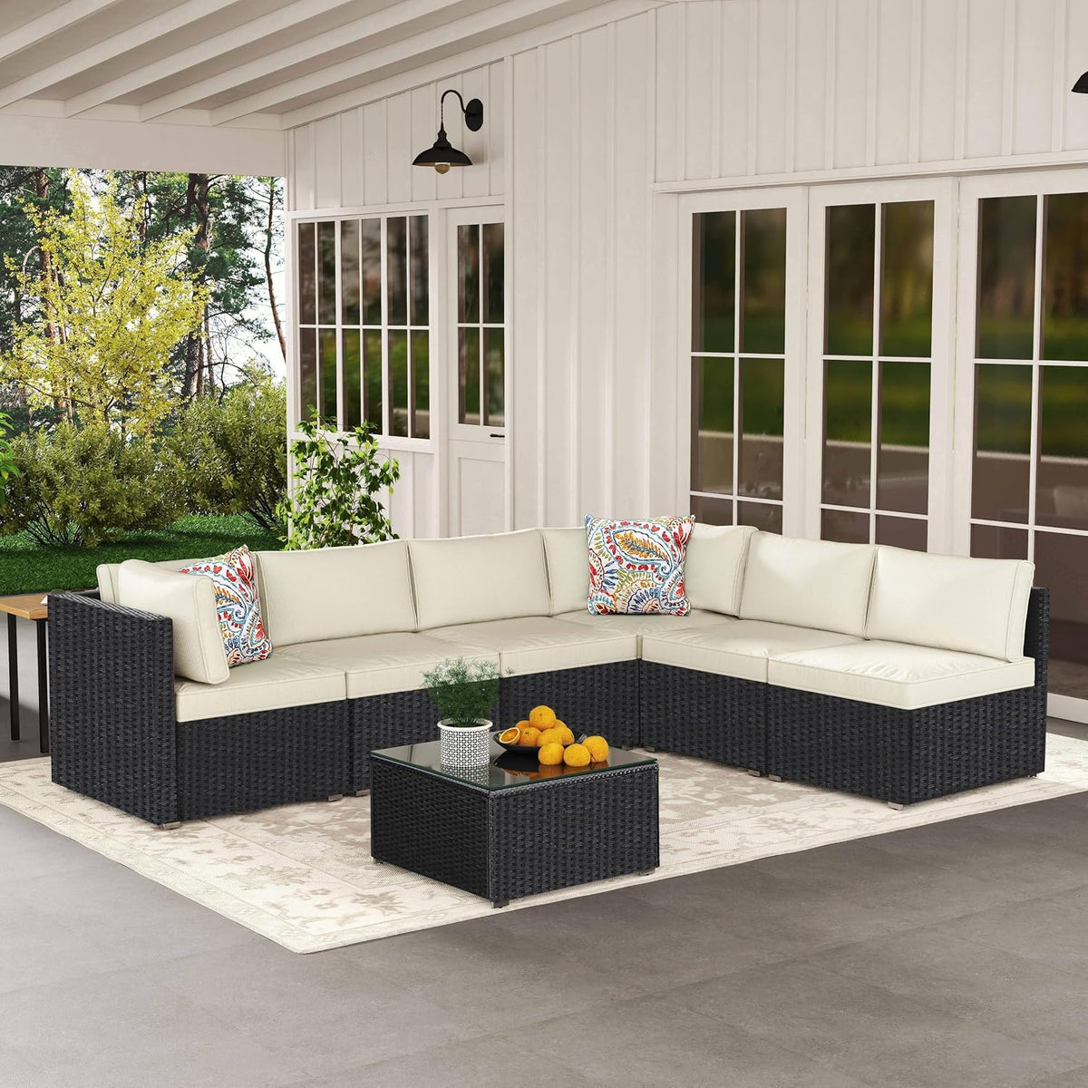 7-Piece Outdoor Patio Furniture Set – Handwoven All-Weather Rattan & 4' Thick Waterproof Cushions, Wicker Outdoor Conversation Sets with Coffee Table for Deck, Backyard, Garden, 2026, Black/Beige