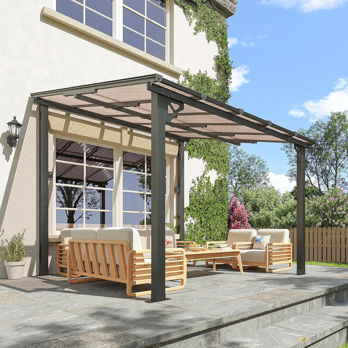 10x10FT Lean to Gazebo, Hardtop Metal Pergola with Polycarbonate Roof, Large Wall Mounted Heavy Duty Awnings, Patio Canopy for Backyard, Deck, Porch