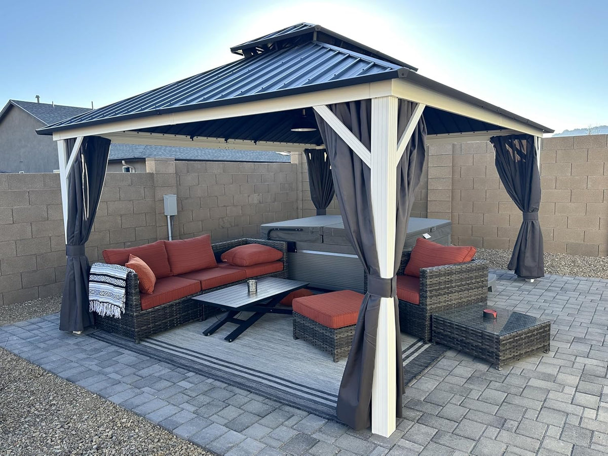 PURPLE LEAF 12' X 16' Hardtop Gazebo Metal Double Roof White Aluminum Frame Outdoor Heavy Duty Gazebo with Curtain and Netting for Patio Garden and Backyard, Grey