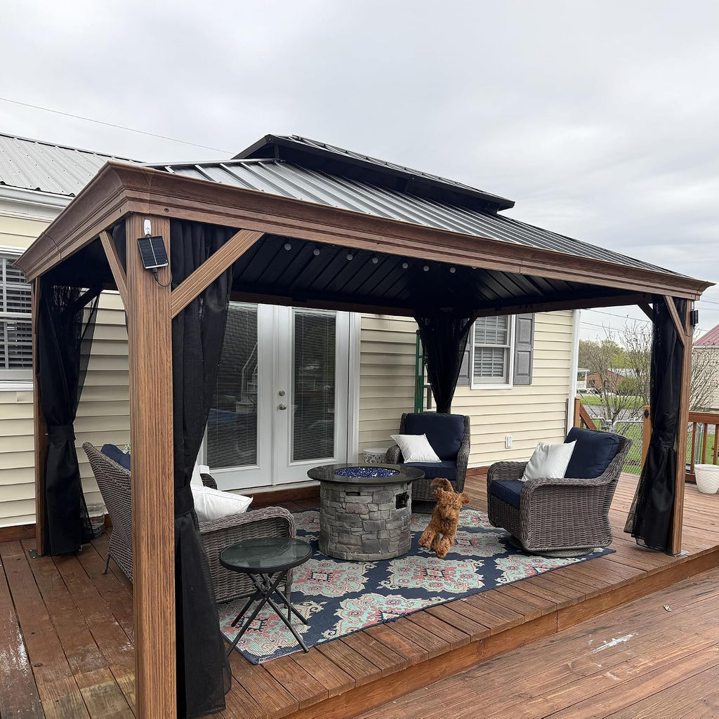 PURPLE LEAF 12' X 14' Outdoor Hardtop Gazebo for Patio Galvanized Steel Double Roof Permanent Canopy Teak Finish Coated Aluminum Frame Pavilion Gazebo with Netting